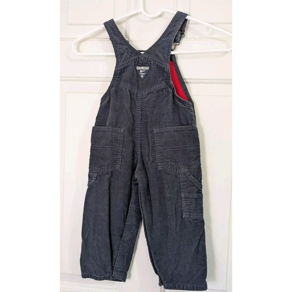 OshKosh Bgosh Vestbak Corduroy Overalls Bibs Toddler 18 Months Gray Pockets Logo